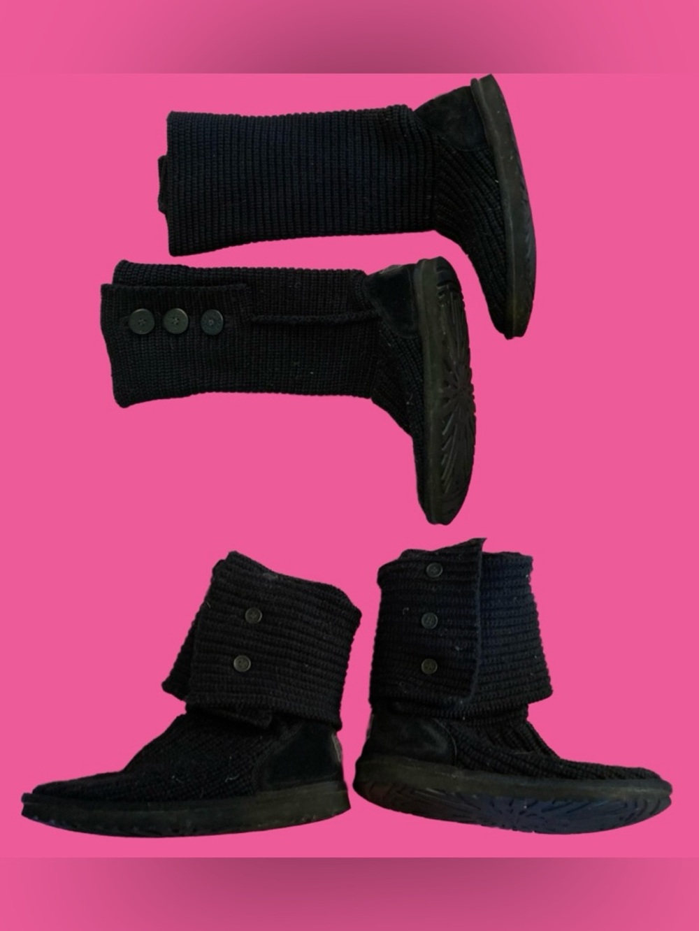 UGG Black Knit Boots with Button Accents Wear Long or Short Size 8 Women’s